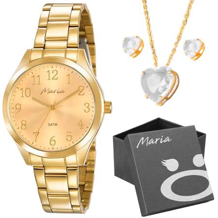 Imagem de relogio feminino dourado aço inox + caixa + brincos + colar strass presente moda social casual