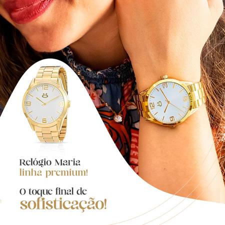 Imagem de Relogio feminino dourado aço inox + colar + caixa + brincos casual strass presente social moda