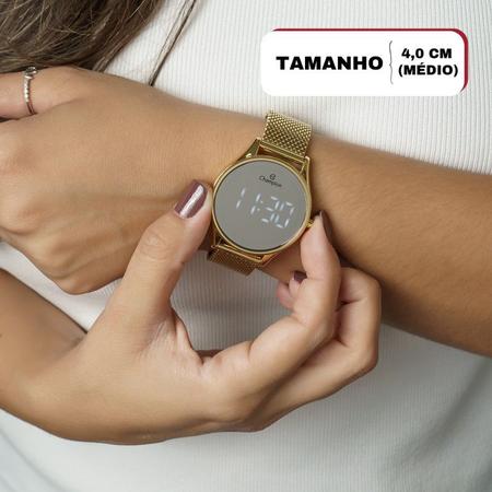 Imagem de Relógio Feminino Dourado Champion Digital Espelhado CH40133B Kit Colar e Brincos