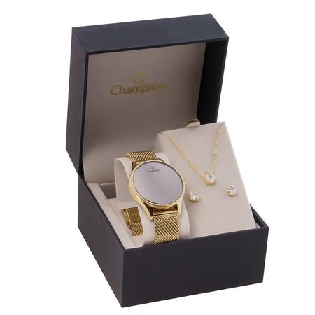 Imagem de Relógio Feminino Dourado Champion Digital Espelhado CH40133B Kit Colar e Brincos