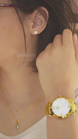 Imagem de Relógio Feminino Dourado Champion Pequeno Colar e Brincos Semijoia Exclusiva
