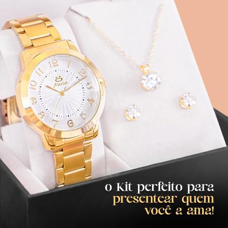 Imagem de relogio feminino dourado inox aço + colar + brincos + caixa moda casual presente social strass