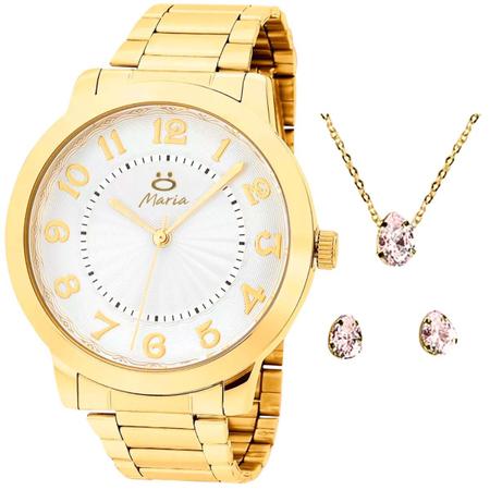 Imagem de relogio feminino dourado inox aço + colar + brincos + caixa moda casual presente social strass