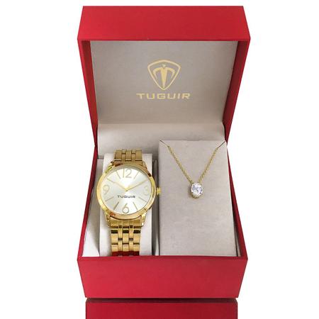 Imagem de Relógio Feminino Dourado Tuguir Original com garantia de 1 ano acompanha kit de colar