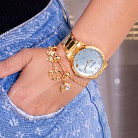 Imagem de Relógio Feminino Mondaine Dourado Azul Casual Analógico 53756LPMVDE2 Mulher Pulseira Berloques