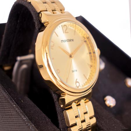 Imagem de Relógio Feminino Mondaine Dourado Social Monocromático Analógico 99068LPMVDE1 Mulher Colar e Brincos