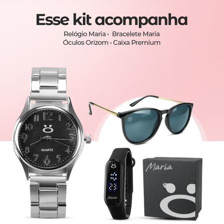 Imagem de relogio feminino prata aço inox + oculos proteção uv + caixa qualidade premium presente social preto