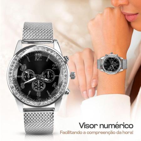 Imagem de Relogio Feminino Prata Strass + Brincos + Colar + Pulseira