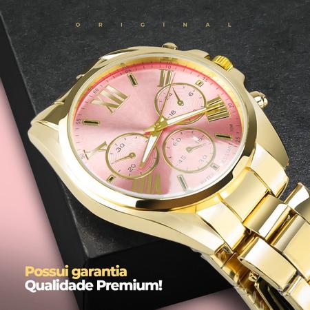 Imagem de Relógio Feminino Pulso Dourado Rosa Banhado Prova D'água Bonito + Colar Ouro Coração Presente