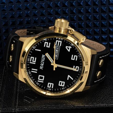 Relógio Masculino Magnum Dourado Aço Prova D´agua Original Cor Do Bisel  Preto Cor Do