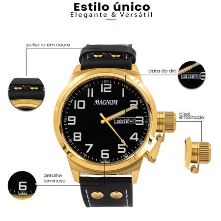 Relógio Masculino Dourado Pulseira De Couro Magnum Ma31542b