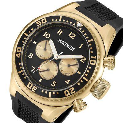 Relógio Magnum Masculino Dourado Analógico De Pulso Pulseira De Silicone  Preta Ma34683P na Americanas Empresas