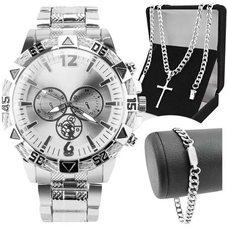 Imagem de Relogio Masculino Aço Inox + Crucifixo Grumet + Pulseira casual prova dagua pesado grande robusto