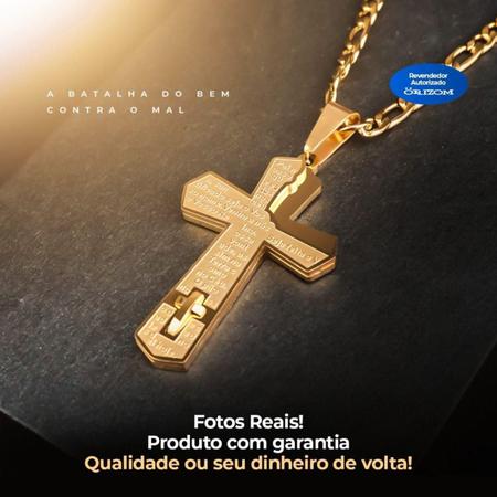 Imagem de Relogio Masculino Dourado Banhado Aço + Pulseira + Crucifixo