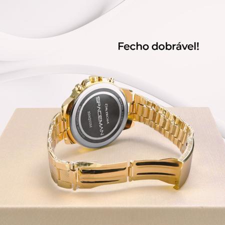 Imagem de Relogio masculino dourado personalizado aço inox banhado + caixa original presente casual analogico