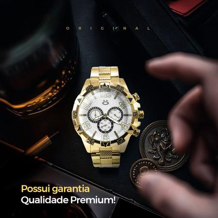 Imagem de relogio masculino dourado prova dagua aço inox banhado 18k social original + caixa - presente homem