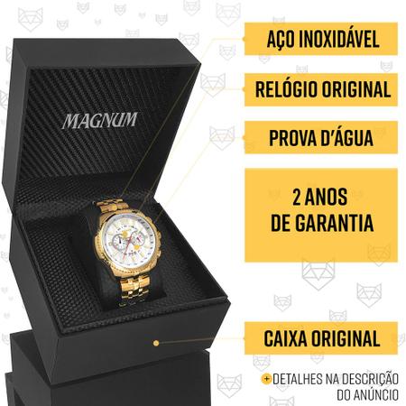 Relógio Magnum Automático Masculino Dourado Ouro 2 anos de garantia  MA33988H + carteira Lebrave no Shoptime