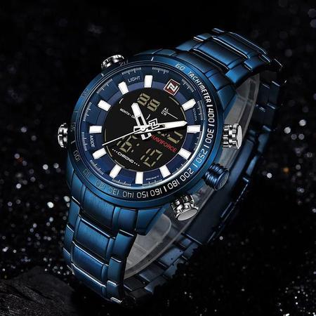 Imagem de Relógio masculino naviforce 9093 azul digital e analógico anadigi multifunção inox esportivo