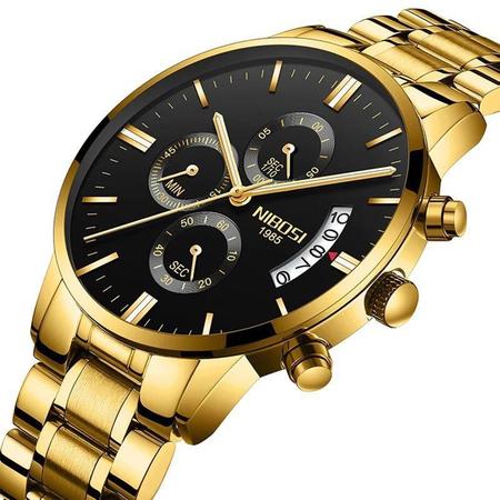 Imagem de Relógio masculino nibosi dourado 2309 fundo preto todo funcional cronografo inox casual resistente