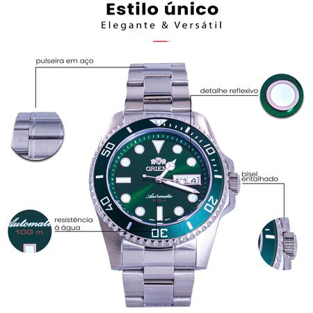 Imagem de Relógio Masculino Orient Automático Prata Verde Social Prova D'água Garantia 1 ano ROF49SS027E1SX