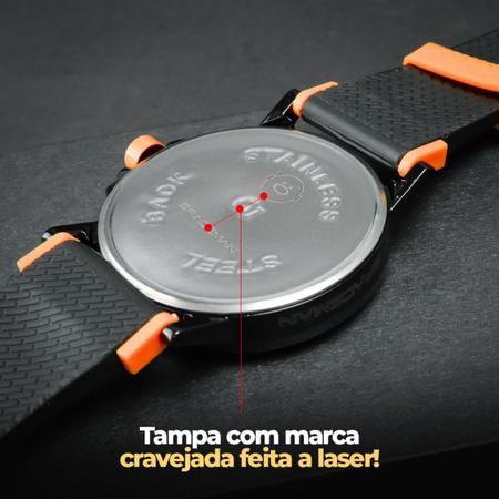 Imagem de Relógio Masculino Preto Detalhes Laranja Pulseira De Borracha Ajustável - Orizom Spaceman