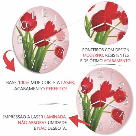 Imagem de Relogio Parede Decorativo Flor para Cozinha Sala Casa Tulipa Vermelha Presente 30cm