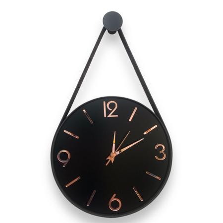 Imagem de Relógio Parede preto Adnet 30cm (Silencioso), algarismos 3D cardinais Rosé, Alças Couro Preto
