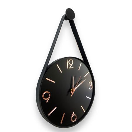 Imagem de Relógio Parede preto Adnet 30cm (Silencioso), algarismos 3D cardinais Rosé, Alças Couro Preto