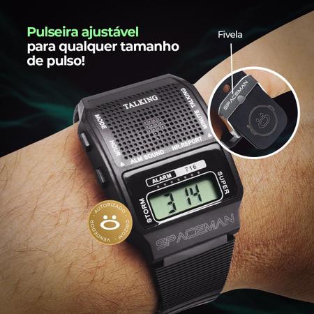 Imagem de relogio preto deficiente visual fala hora pulseira ajustavel original presente original esportivo