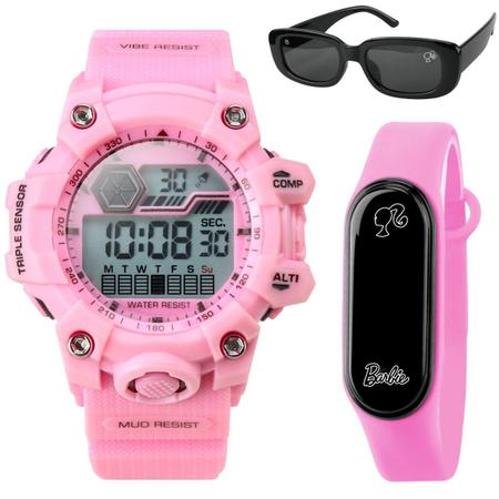 Imagem de Relogio prova dagua digital infantil rosa led + oculos sol criança alarme silicone ajustavel menina