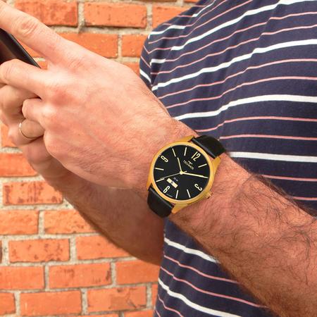 Imagem de Relógio Technos Masculino Dourado Preto Couro Prova d'água com 1 ano de garantia e carteira