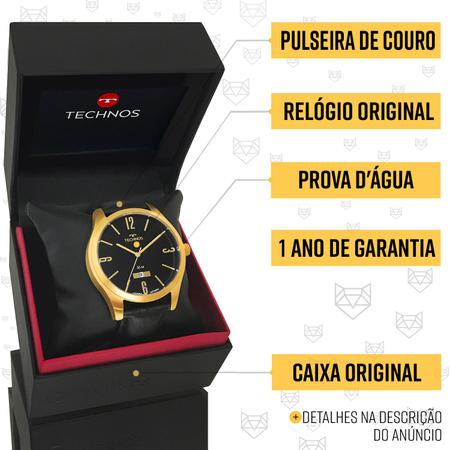 Imagem de Relógio Technos Masculino Dourado Preto Couro Prova d'água com 1 ano de garantia e carteira