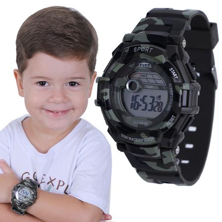 Relogio Verde Camuflado Infantil com Cronometro Barato a Prova D agua XJ861 Xinjia Relogio de Pulso Magazine Luiza