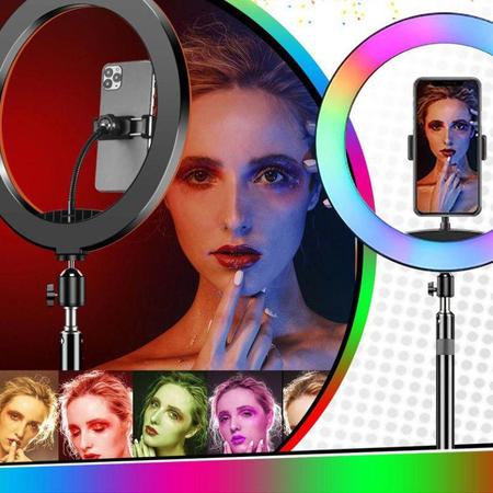 Imagem de Ring Light Grande Anel Led Luz Iluminador Rgb Colorido Hing Light 26cm Universal Celular Smartphone + Tripé 2,10m