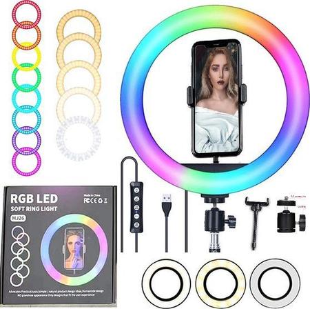 Imagem de Ring Light Luz Led Anel Iluminador Rgb Colorido Hing 10 Polegadas Tripé 2m Suporte Celular Portátil Makeup Selfie Vídeo