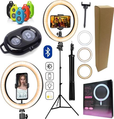 Imagem de Ring Light Profissional Anel Led Iluminação Completo Tripé Suporte Celular Hing Make Selfie Controle Bluetooth Microfone