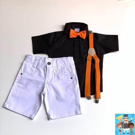 Imagem de Roupa Aniversário Menino Fantasia Mundo Bita Verão com o kit suspensório e gravata laranja