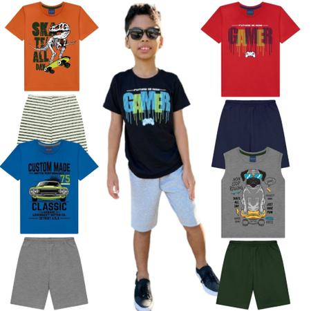 Imagem de Roupa de Verão Infantil Masculina Menino Kit 5 Conjuntos de Camisetas ou Regatas e Bermudas Shorts