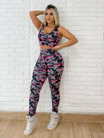 Imagem de Roupa Feminina Fitness Academia Camuflado Militar Calça Legue Leg Mais Top Rosa