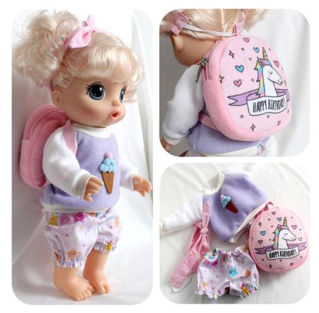 Roupinha P/ Boneca Baby Alive Conj 3 Pças Com Mochila