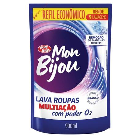 Imagem de Sabão Liquido Mon Bijou Lava Roupas Refil Multiação Azul 900ml - Embalagem com 12 Unidades