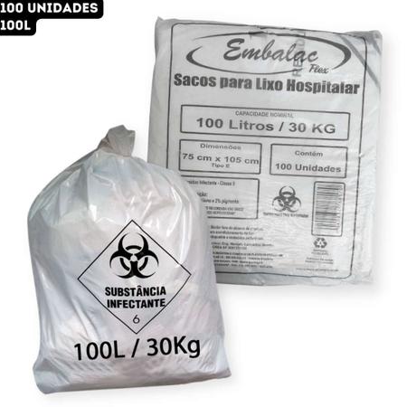 Imagem de Saco de Lixo Hospitalar Resíduo Infectante Classe II Branco Embalac - 100L 75x105cm - pct 100 Unidades