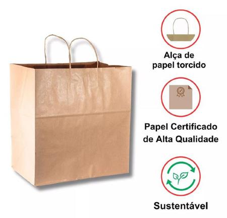Imagem de Sacola De Papel Para Presente Kraft Lisa Na Cor Pardo - Tamanho G 30x32x19 Cm Delivery Food com Alça - Opções de Pacotes