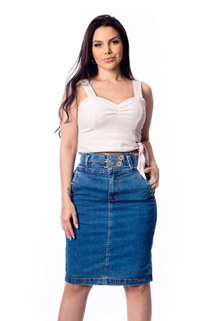 Imagem de Saia Comprida Jeans Com Elastano e Cós Diferenciado Com Elástico e Argolas