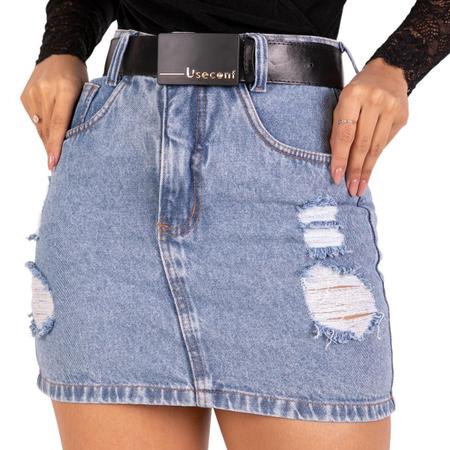 Saia Jeans Cintura Alta Curta Bainha Feita Com Cinto Preto