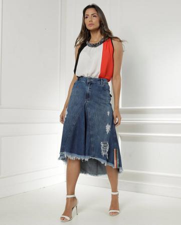 Imagem de Saia Jeans Feminina Midi Mullet Destroyed Moda Evangélica