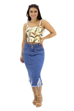 Saia Jeans Longa Destroyed com Fenda Frontal Play Denim Saia