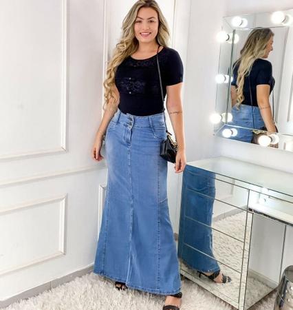 Saia Jeans Longa Justa Clara Bolsos Moda Evang lica Feminina