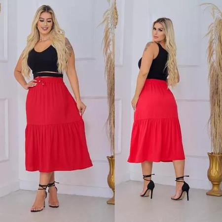 Saia Midi Gode Cintura Alta Rodada Em Viscolinho VERMELHO
