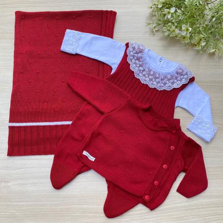 Imagem de Saída de maternidade de menina em tricot 4 peças body com renda e pérolas